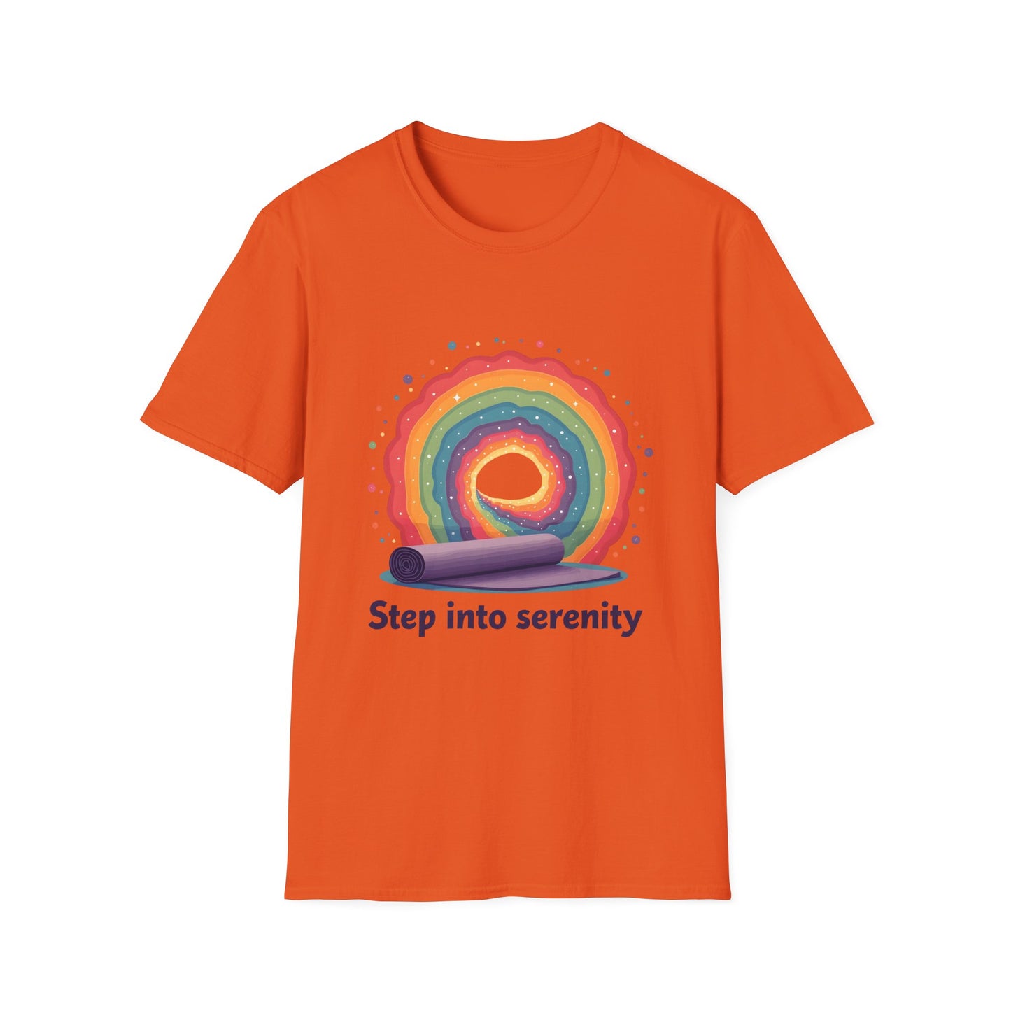 Rainbow Serenity T-Shirt, Relaxation Tee, Yoga Wear, Unisex Softstyle Shirt, Mindfulness Apparel, Gift for Wellness Enthusiasts