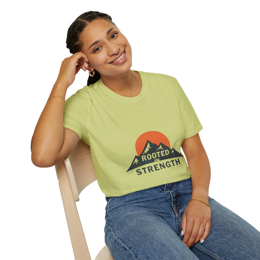 Mountain-Themed Unisex T-Shirt - Rooted in Strength, Inspirational Tee, Outdoor Adventure Shirt, Gift for Nature Lovers, Casual Wear