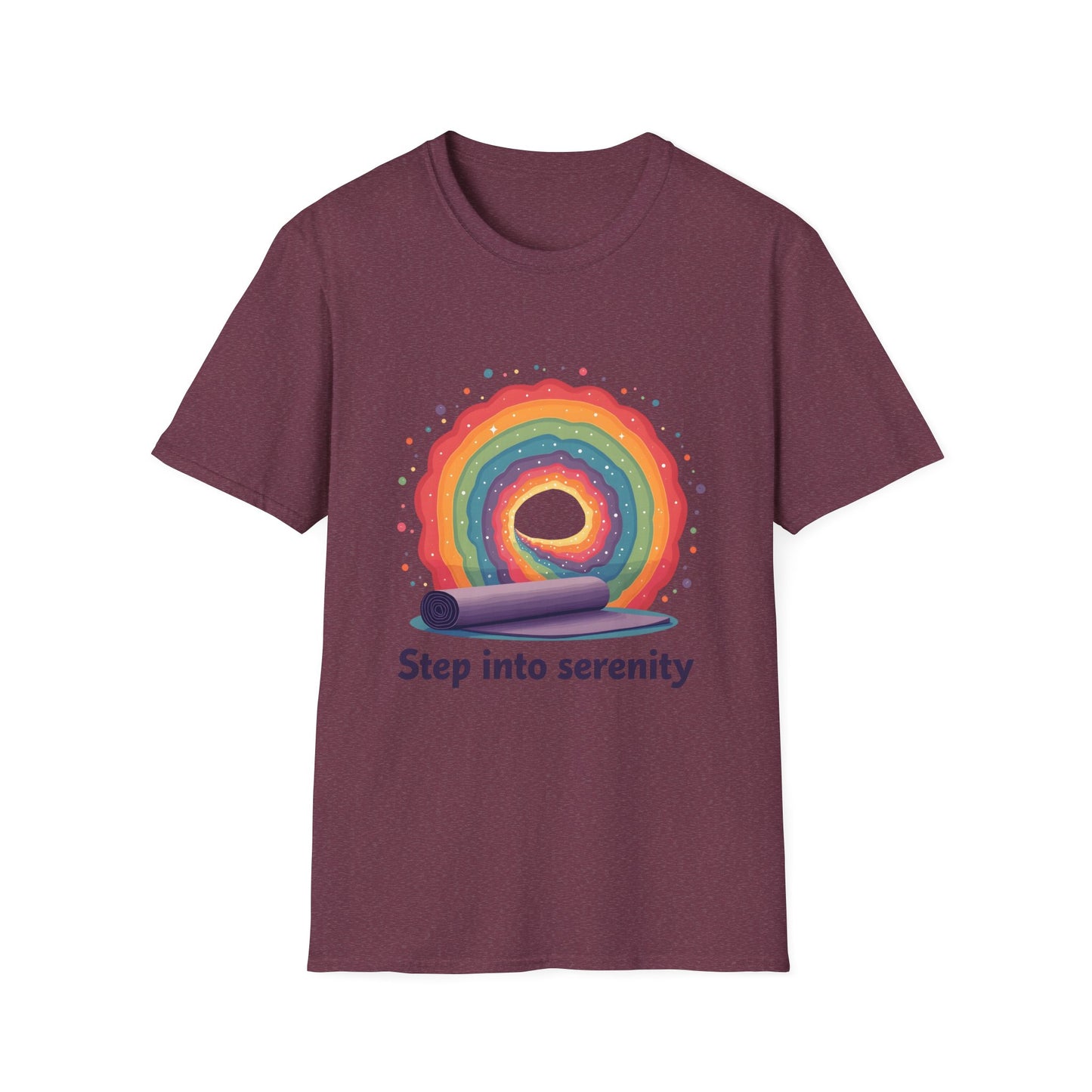 Rainbow Serenity T-Shirt, Relaxation Tee, Yoga Wear, Unisex Softstyle Shirt, Mindfulness Apparel, Gift for Wellness Enthusiasts