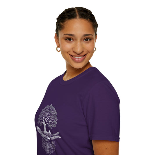 Nature's Embrace Unisex Softstyle T-Shirt - Tree and Hand Design