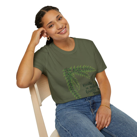 Breathe in Nature Unisex Softstyle T-Shirt - Peaceful Green Leaf Design