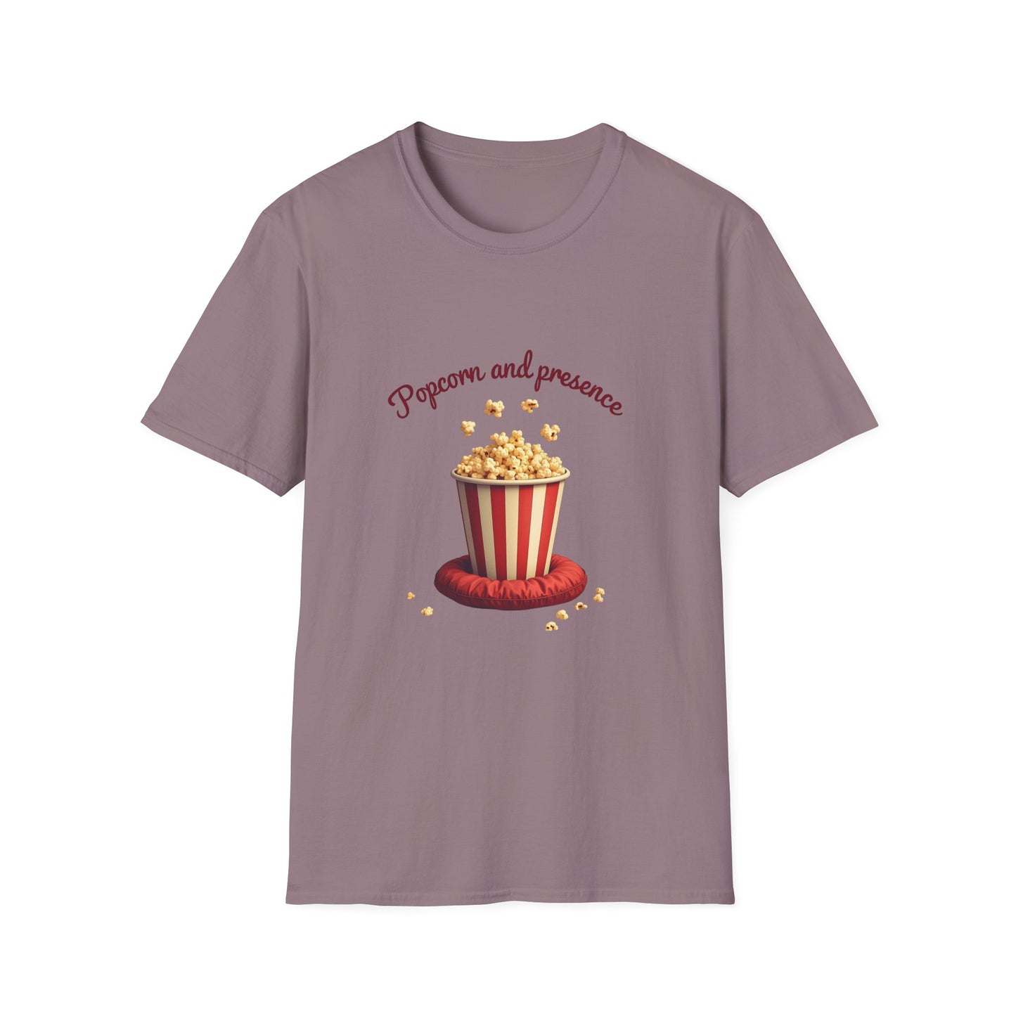 Popcorn and Presence Unisex Softstyle T-Shirt, Movie Night Tee, Gift for Film Lovers, Casual Wear, Fun Party Shirt, Cozy Apparel
