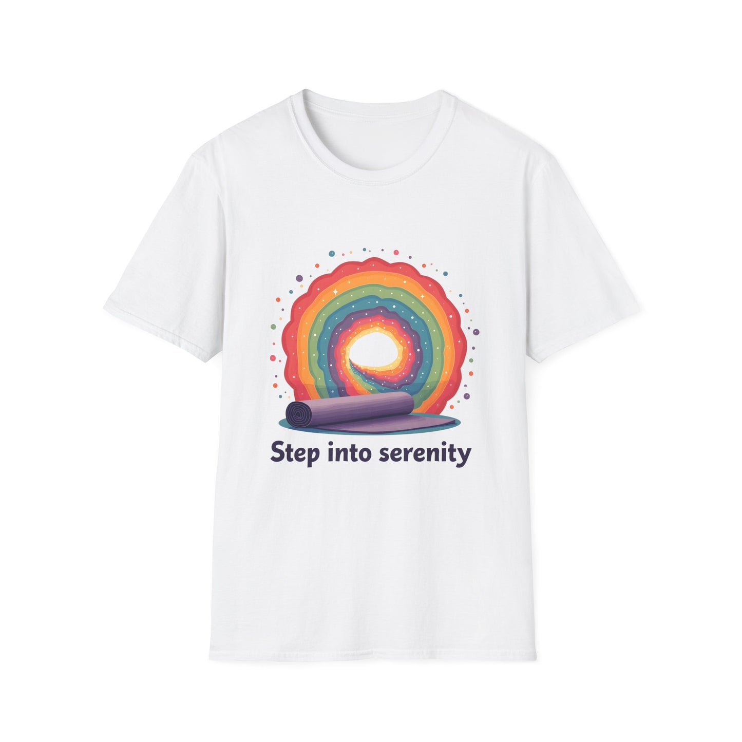Rainbow Serenity T-Shirt, Relaxation Tee, Yoga Wear, Unisex Softstyle Shirt, Mindfulness Apparel, Gift for Wellness Enthusiasts