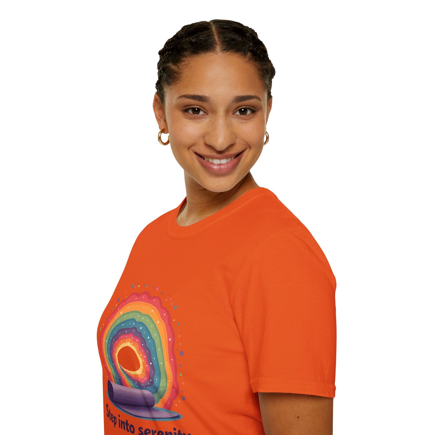 Rainbow Serenity T-Shirt, Relaxation Tee, Yoga Wear, Unisex Softstyle Shirt, Mindfulness Apparel, Gift for Wellness Enthusiasts
