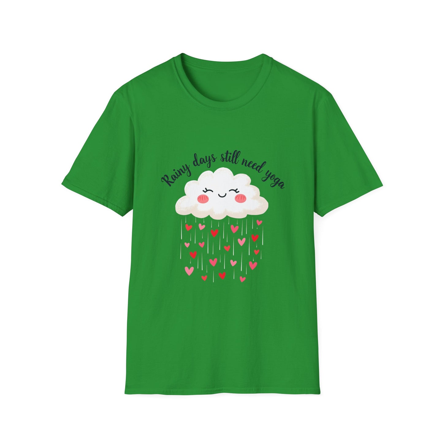 Cute Rainy Day Yoga T-Shirt, Unisex Softstyle Tee, Yoga Lover Gift, Casual Wear, Inspirational Shirt, Heart Design