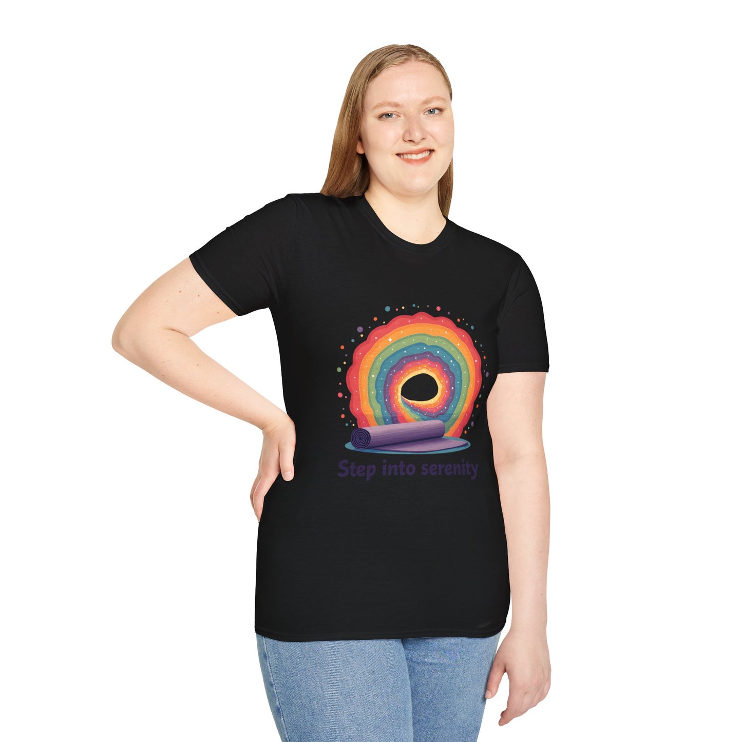 Rainbow Serenity T-Shirt, Relaxation Tee, Yoga Wear, Unisex Softstyle Shirt, Mindfulness Apparel, Gift for Wellness Enthusiasts