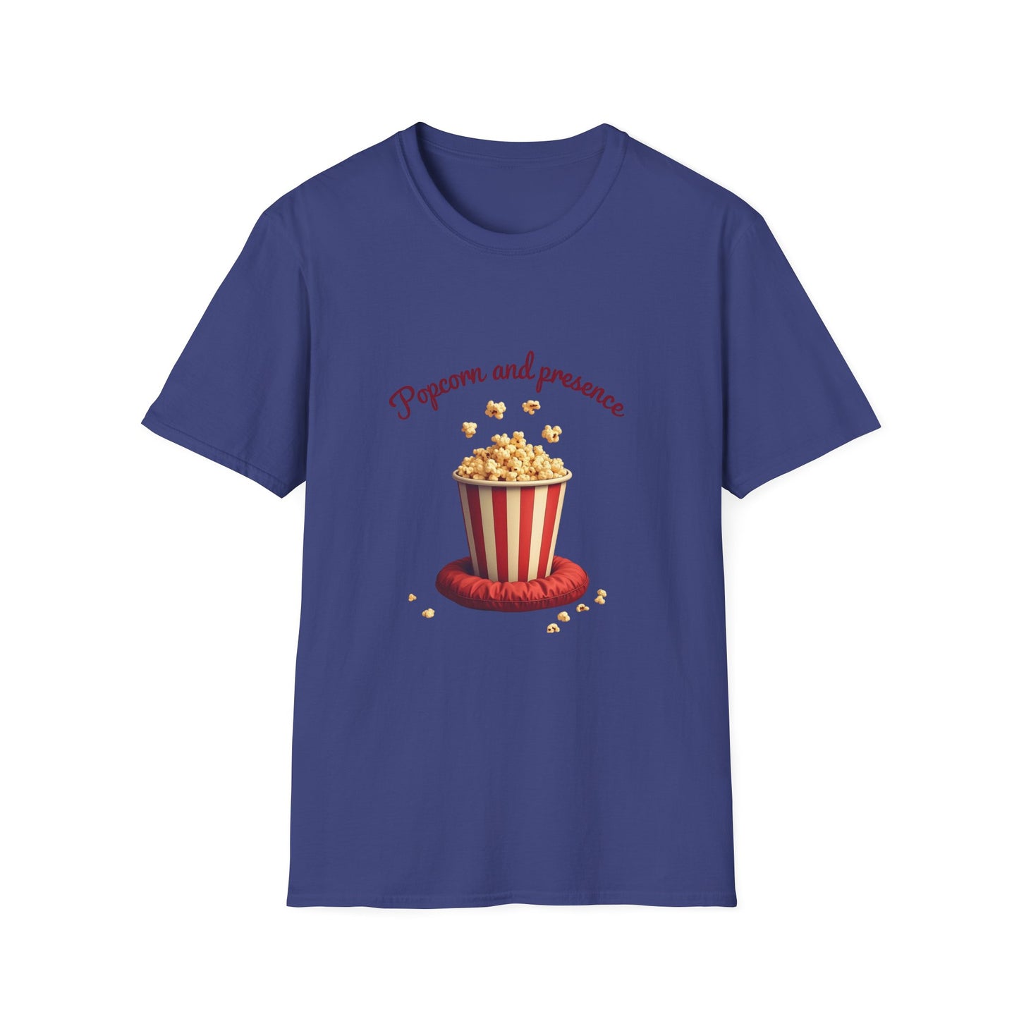 Popcorn and Presence Unisex Softstyle T-Shirt, Movie Night Tee, Gift for Film Lovers, Casual Wear, Fun Party Shirt, Cozy Apparel