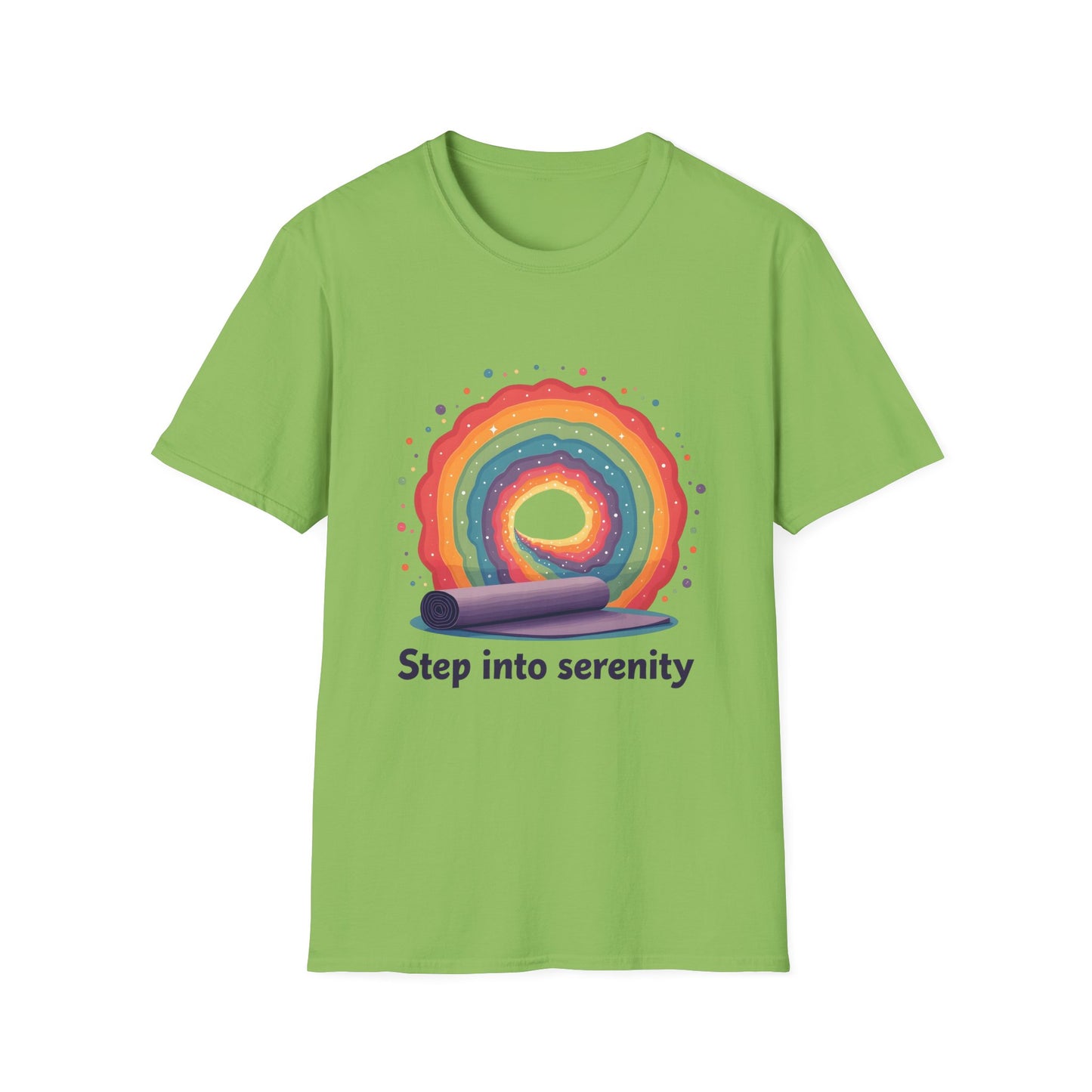 Rainbow Serenity T-Shirt, Relaxation Tee, Yoga Wear, Unisex Softstyle Shirt, Mindfulness Apparel, Gift for Wellness Enthusiasts