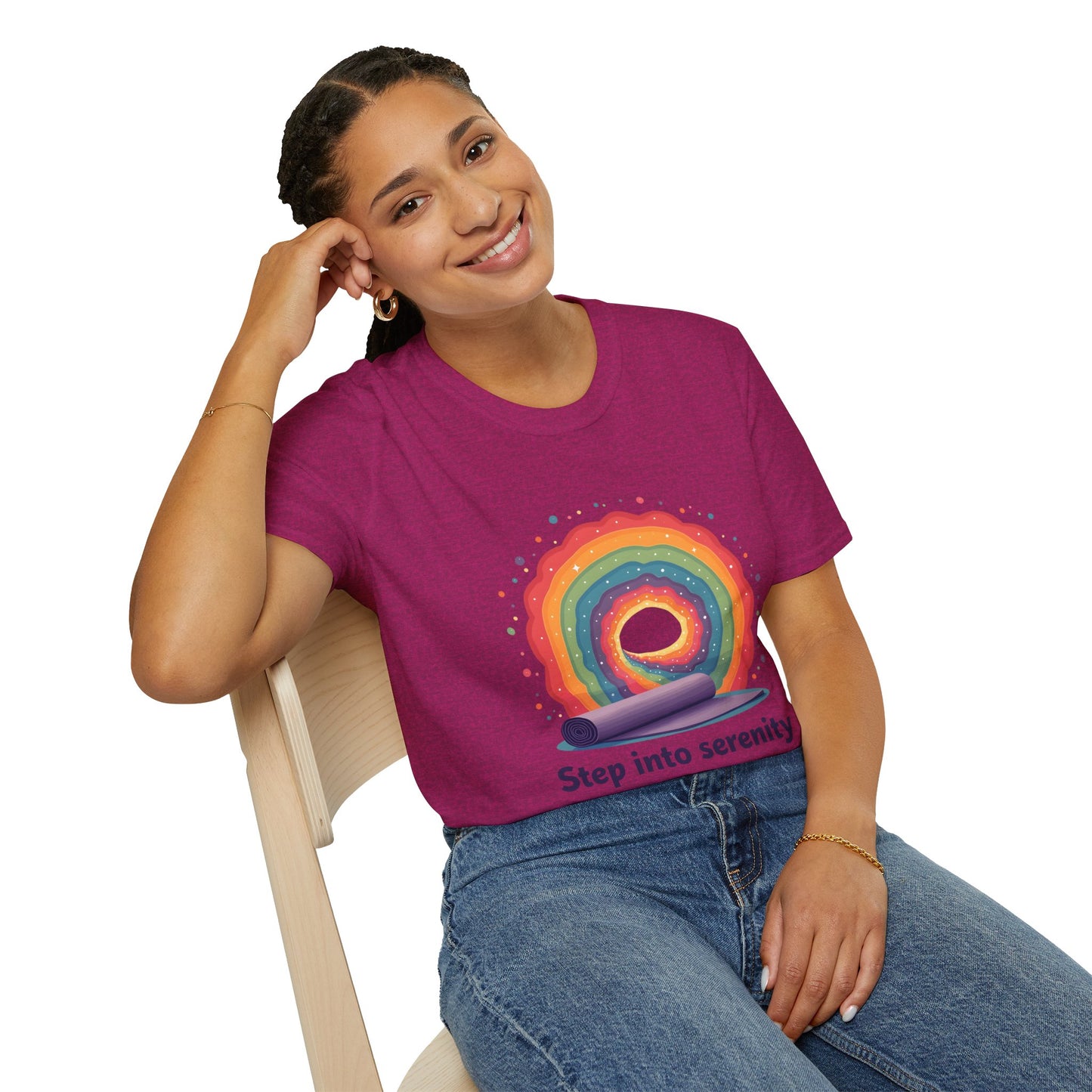 Rainbow Serenity T-Shirt, Relaxation Tee, Yoga Wear, Unisex Softstyle Shirt, Mindfulness Apparel, Gift for Wellness Enthusiasts