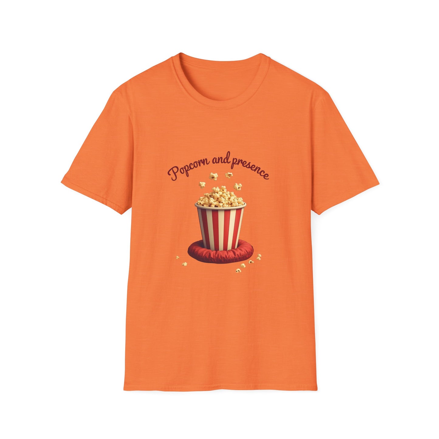 Popcorn and Presence Unisex Softstyle T-Shirt, Movie Night Tee, Gift for Film Lovers, Casual Wear, Fun Party Shirt, Cozy Apparel