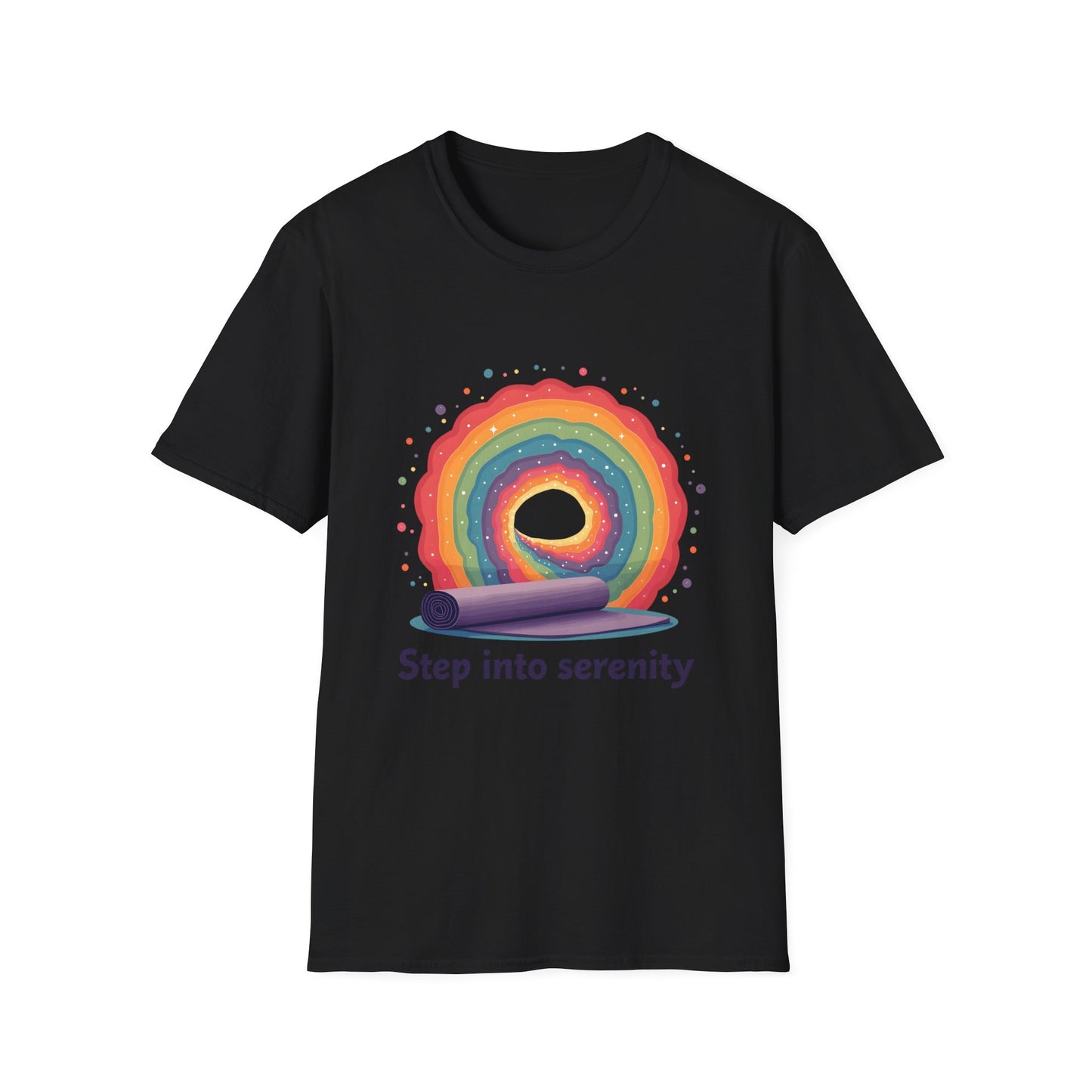 Rainbow Serenity T-Shirt, Relaxation Tee, Yoga Wear, Unisex Softstyle Shirt, Mindfulness Apparel, Gift for Wellness Enthusiasts