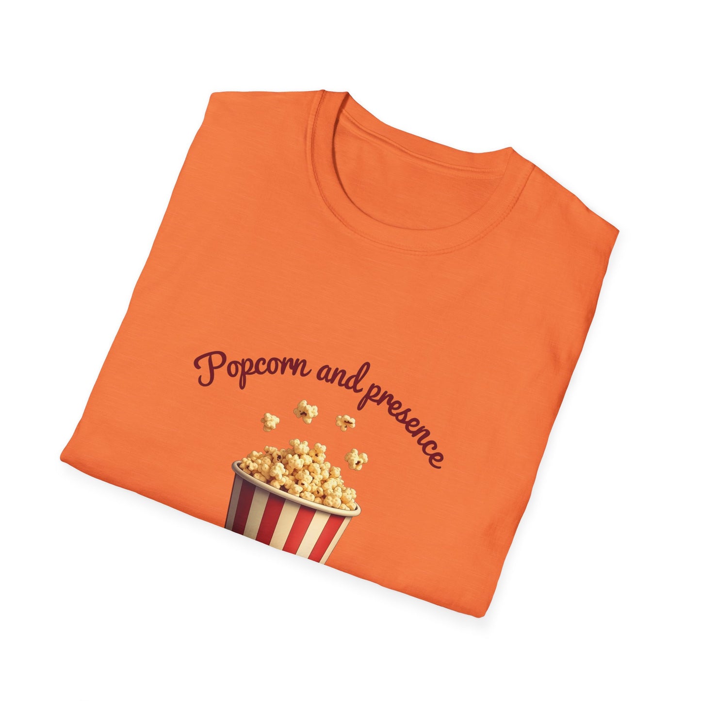 Popcorn and Presence Unisex Softstyle T-Shirt, Movie Night Tee, Gift for Film Lovers, Casual Wear, Fun Party Shirt, Cozy Apparel