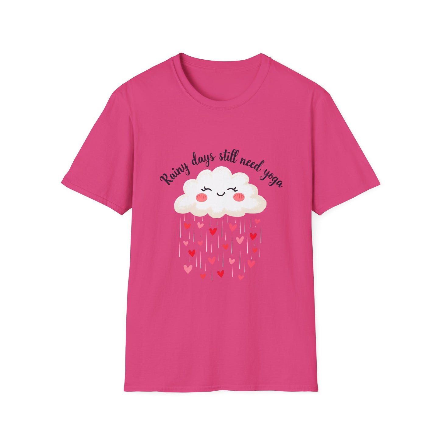 Cute Rainy Day Yoga T-Shirt, Unisex Softstyle Tee, Yoga Lover Gift, Casual Wear, Inspirational Shirt, Heart Design