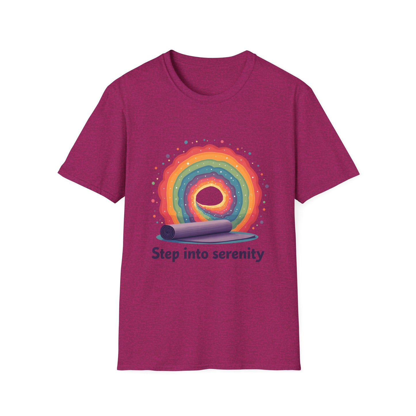 Rainbow Serenity T-Shirt, Relaxation Tee, Yoga Wear, Unisex Softstyle Shirt, Mindfulness Apparel, Gift for Wellness Enthusiasts