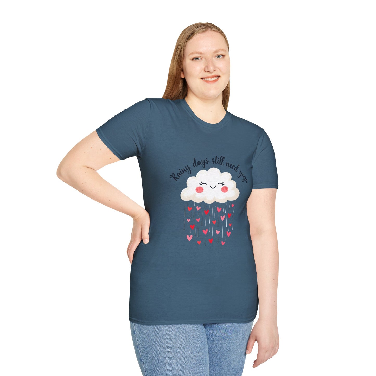 Cute Rainy Day Yoga T-Shirt, Unisex Softstyle Tee, Yoga Lover Gift, Casual Wear, Inspirational Shirt, Heart Design