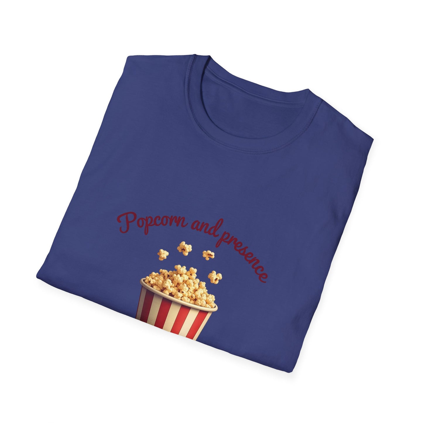 Popcorn and Presence Unisex Softstyle T-Shirt, Movie Night Tee, Gift for Film Lovers, Casual Wear, Fun Party Shirt, Cozy Apparel