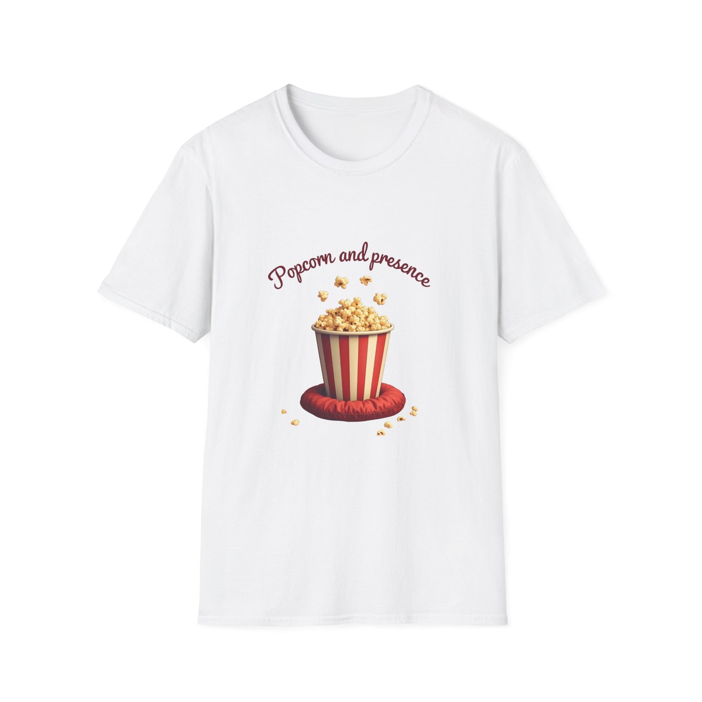 Popcorn and Presence Unisex Softstyle T-Shirt, Movie Night Tee, Gift for Film Lovers, Casual Wear, Fun Party Shirt, Cozy Apparel
