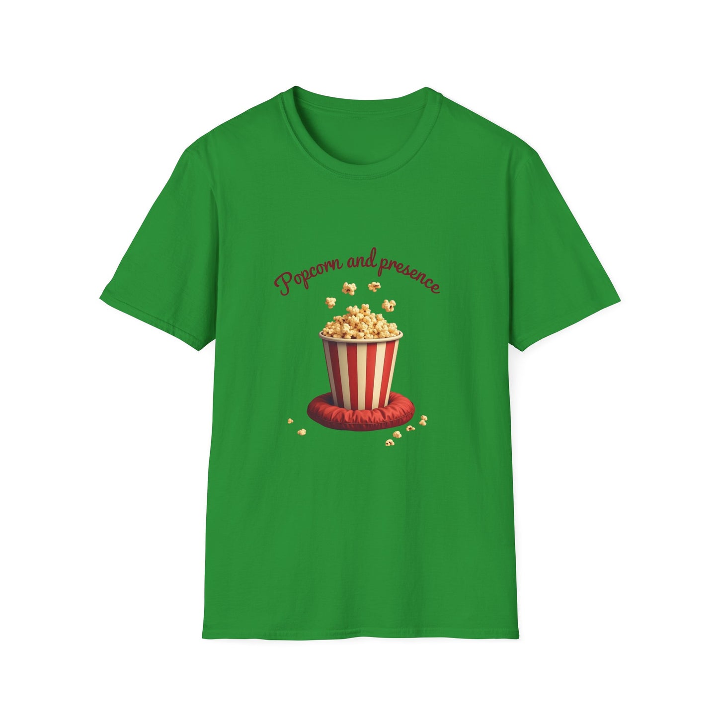 Popcorn and Presence Unisex Softstyle T-Shirt, Movie Night Tee, Gift for Film Lovers, Casual Wear, Fun Party Shirt, Cozy Apparel