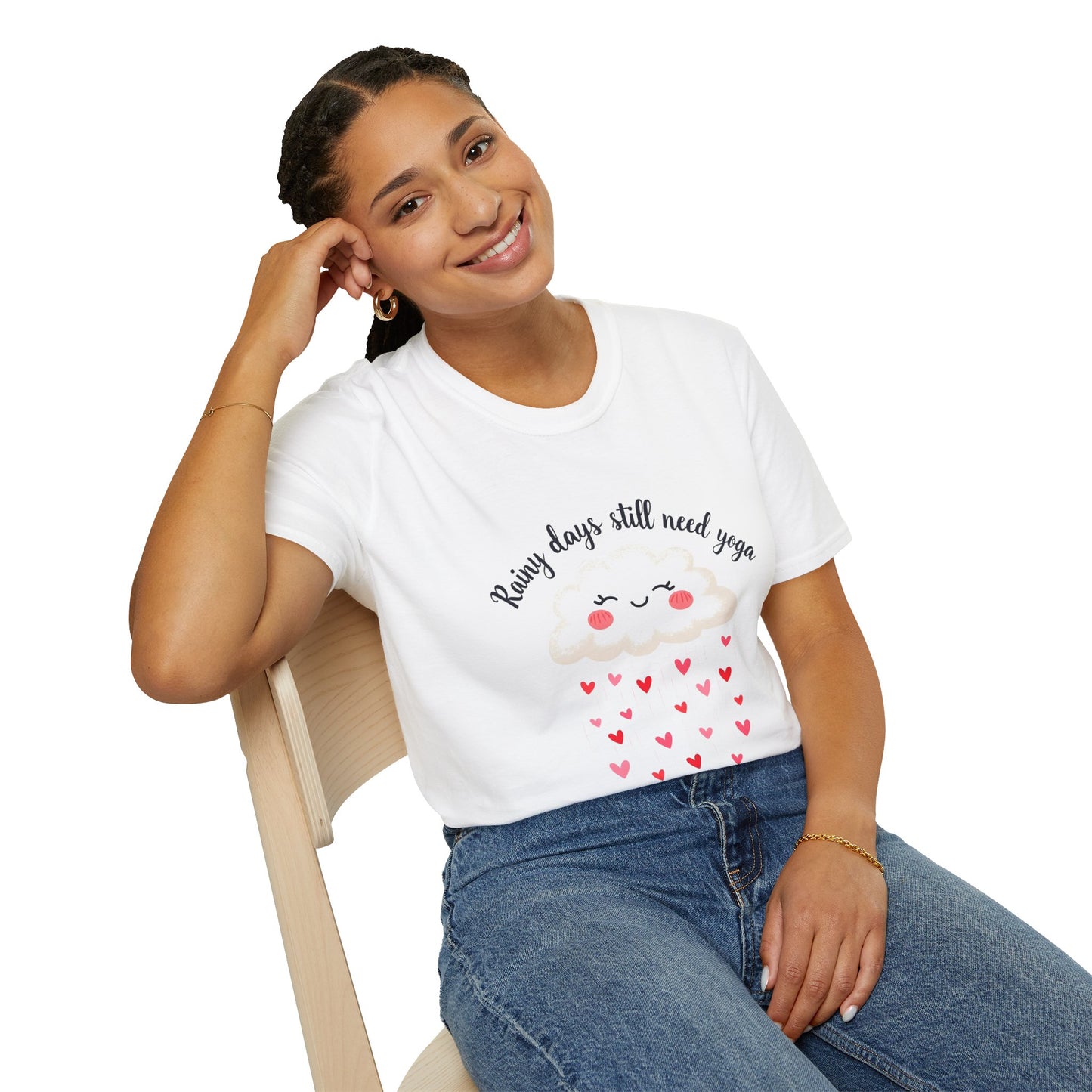 Cute Rainy Day Yoga T-Shirt, Unisex Softstyle Tee, Yoga Lover Gift, Casual Wear, Inspirational Shirt, Heart Design