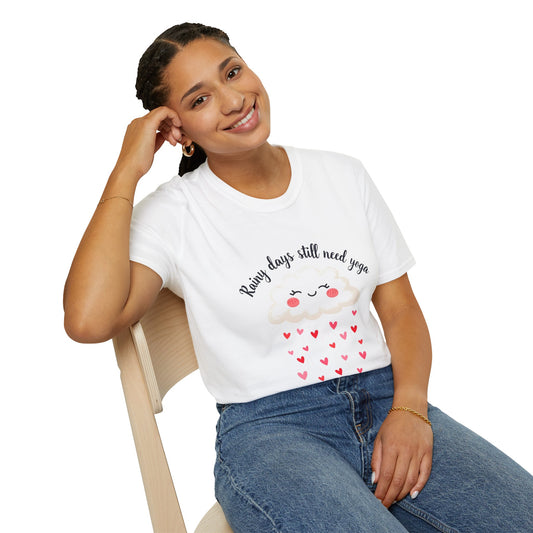 Cute Rainy Day Yoga T-Shirt, Unisex Softstyle Tee, Yoga Lover Gift, Casual Wear, Inspirational Shirt, Heart Design
