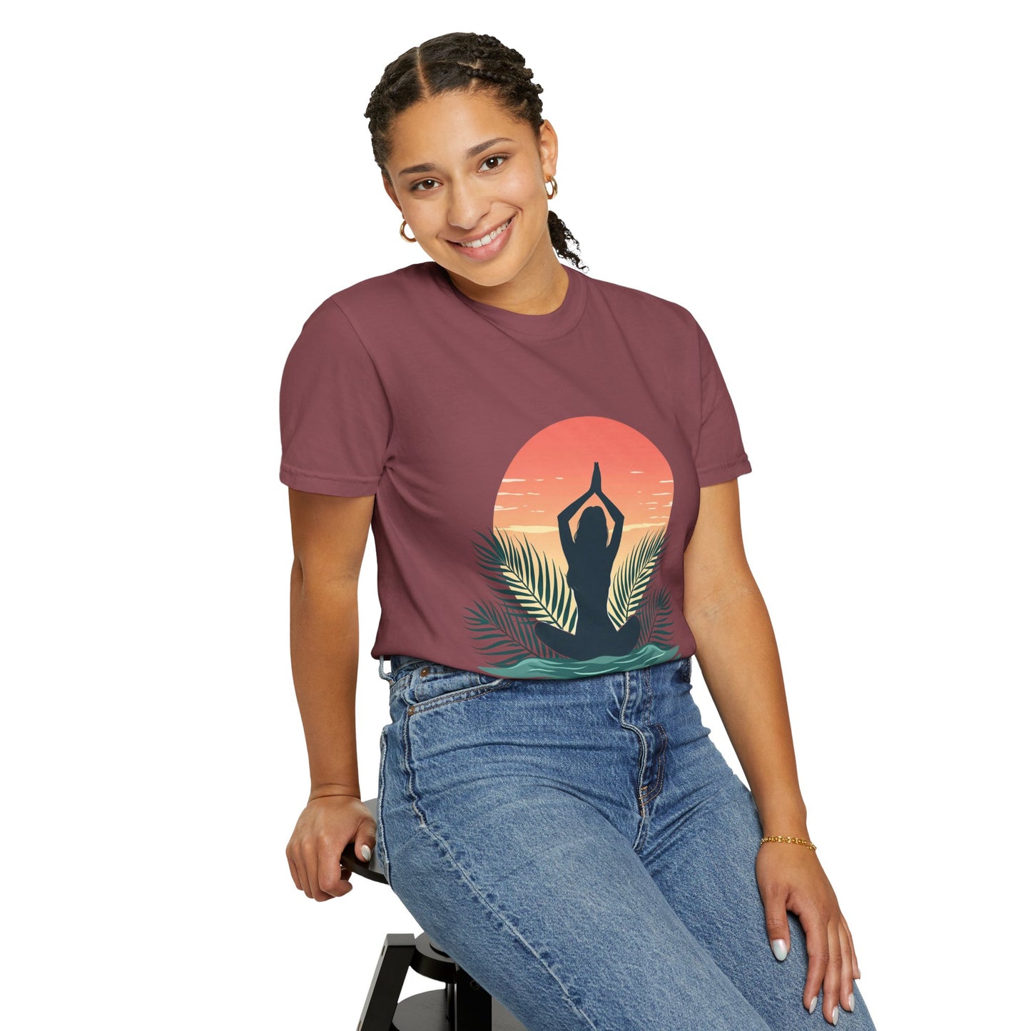 Sunset Yoga T-Shirt, Relaxed Fit Tee for Beach Lovers, Gift for Yoga Enthusiasts, Summer Apparel, Eco-Friendly Fashion