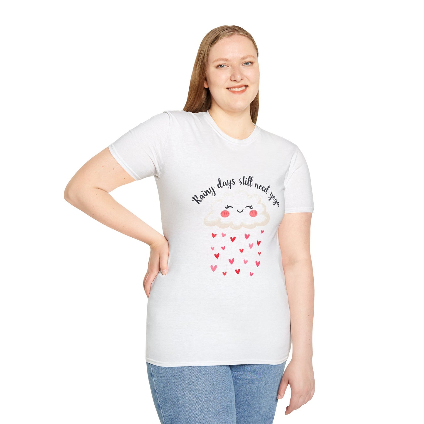 Cute Rainy Day Yoga T-Shirt, Unisex Softstyle Tee, Yoga Lover Gift, Casual Wear, Inspirational Shirt, Heart Design