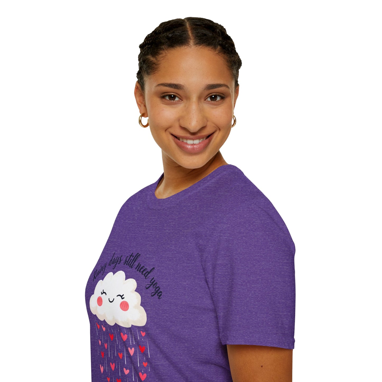 Cute Rainy Day Yoga T-Shirt, Unisex Softstyle Tee, Yoga Lover Gift, Casual Wear, Inspirational Shirt, Heart Design