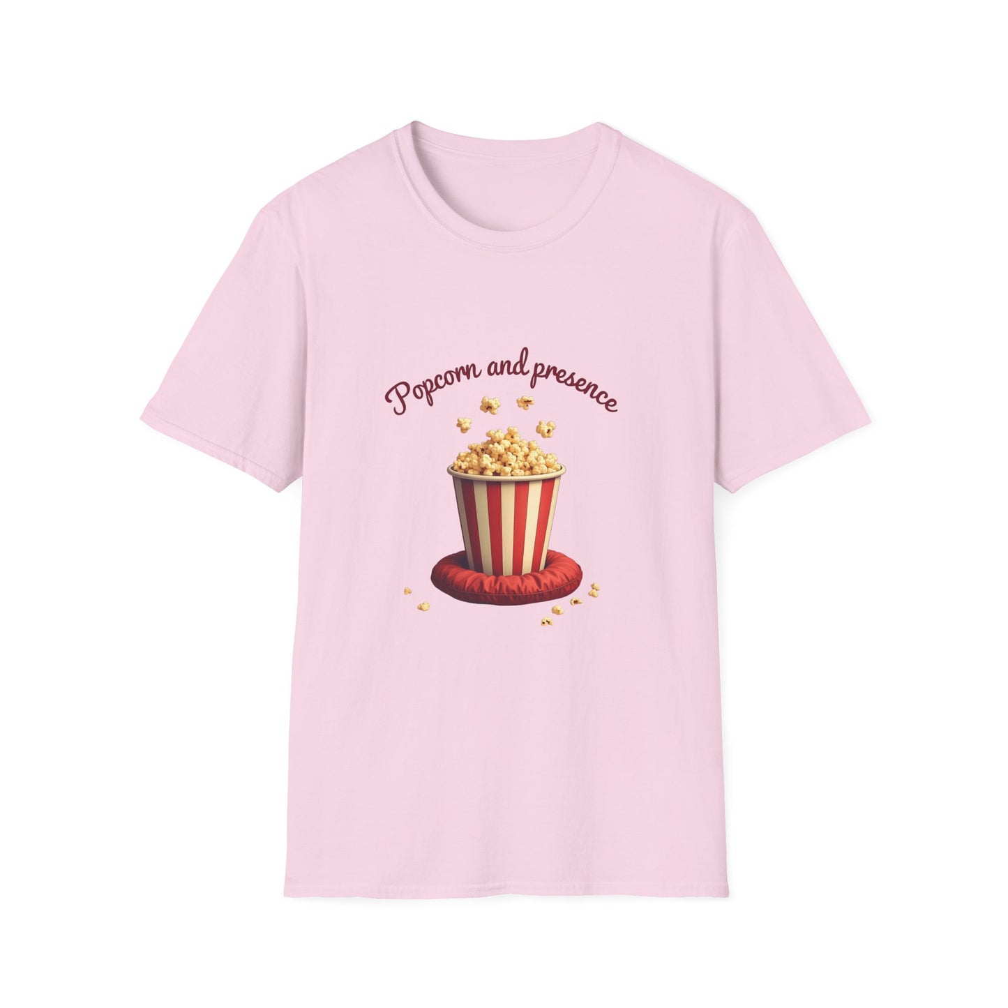 Popcorn and Presence Unisex Softstyle T-Shirt, Movie Night Tee, Gift for Film Lovers, Casual Wear, Fun Party Shirt, Cozy Apparel