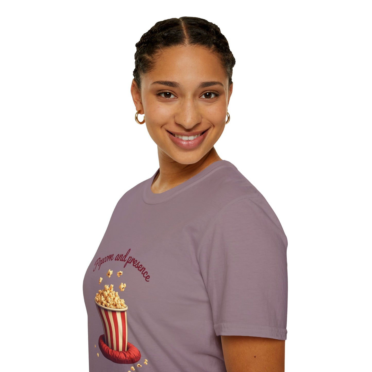 Popcorn and Presence Unisex Softstyle T-Shirt, Movie Night Tee, Gift for Film Lovers, Casual Wear, Fun Party Shirt, Cozy Apparel