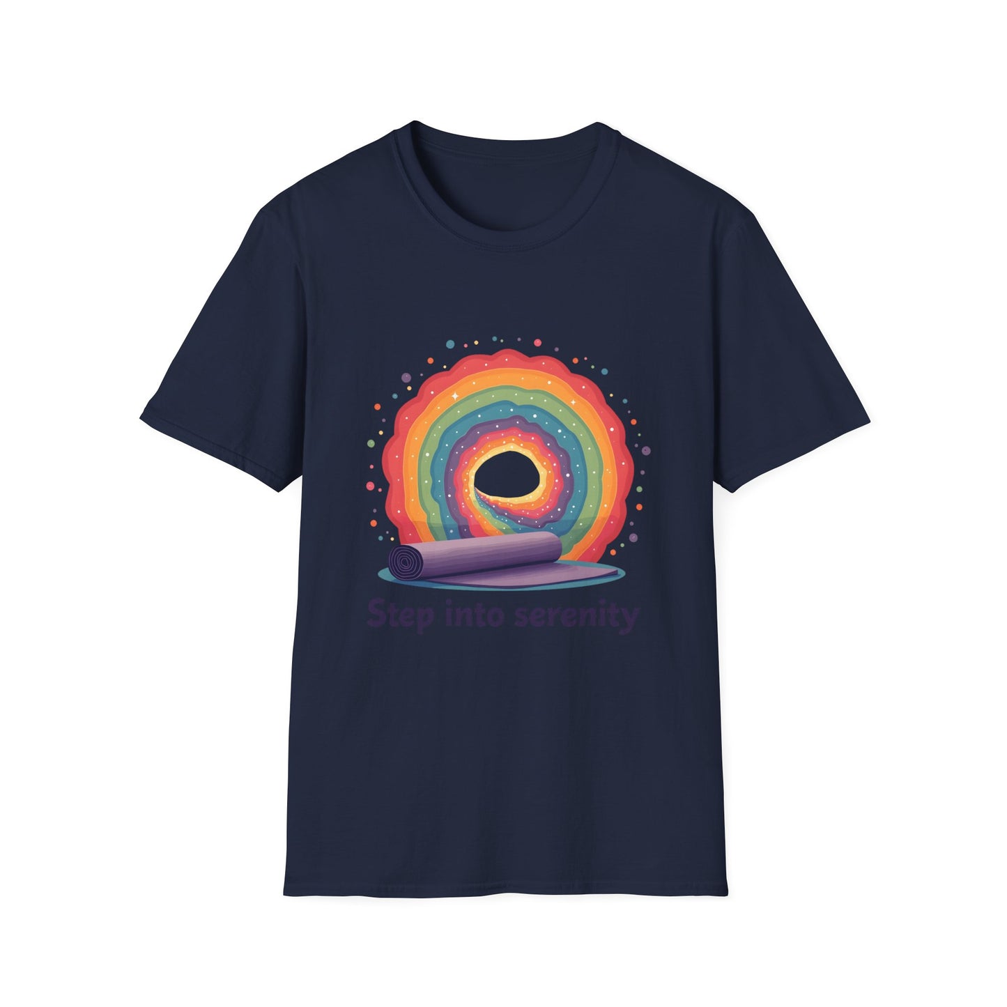 Rainbow Serenity T-Shirt, Relaxation Tee, Yoga Wear, Unisex Softstyle Shirt, Mindfulness Apparel, Gift for Wellness Enthusiasts
