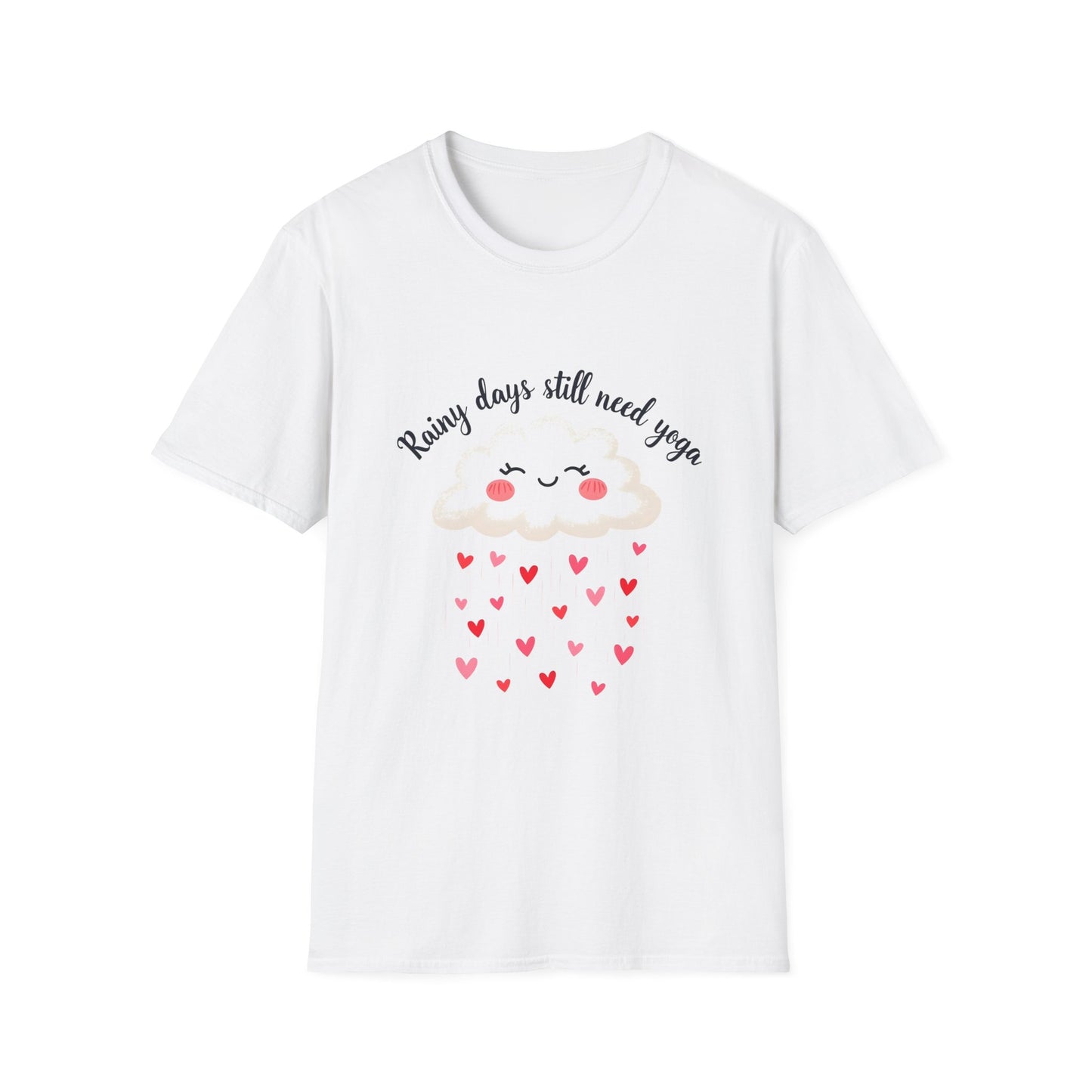 Cute Rainy Day Yoga T-Shirt, Unisex Softstyle Tee, Yoga Lover Gift, Casual Wear, Inspirational Shirt, Heart Design