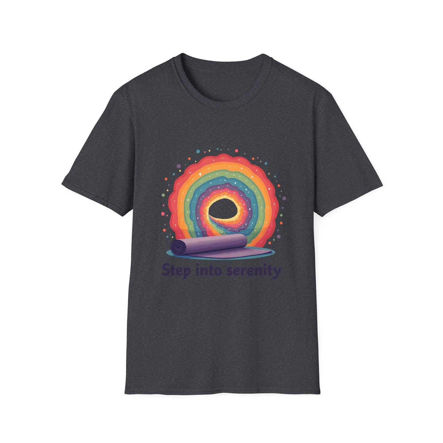 Rainbow Serenity T-Shirt, Relaxation Tee, Yoga Wear, Unisex Softstyle Shirt, Mindfulness Apparel, Gift for Wellness Enthusiasts
