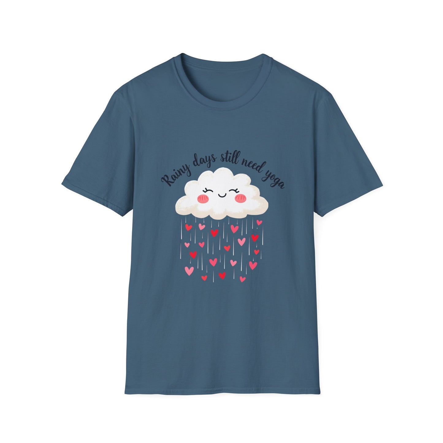 Cute Rainy Day Yoga T-Shirt, Unisex Softstyle Tee, Yoga Lover Gift, Casual Wear, Inspirational Shirt, Heart Design