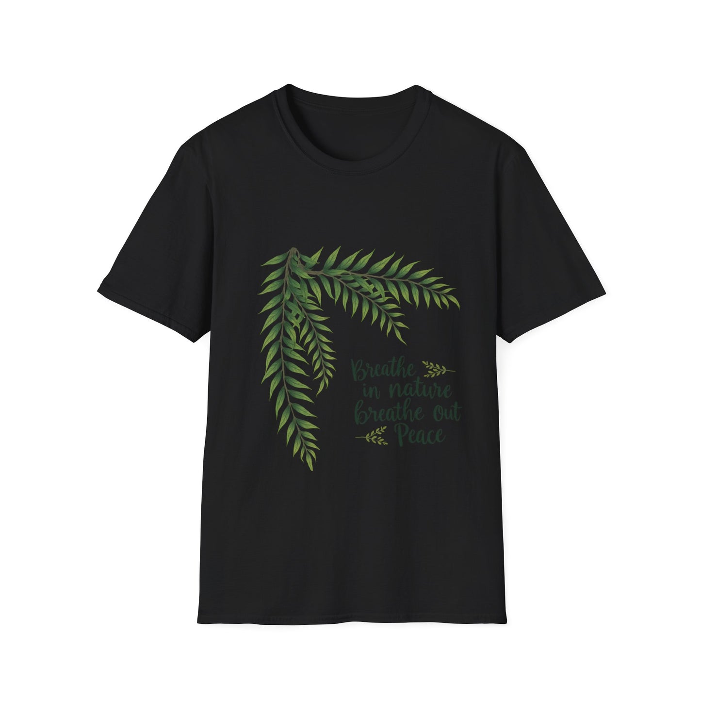 Breathe in Nature Unisex Softstyle T-Shirt - Peaceful Green Leaf Design