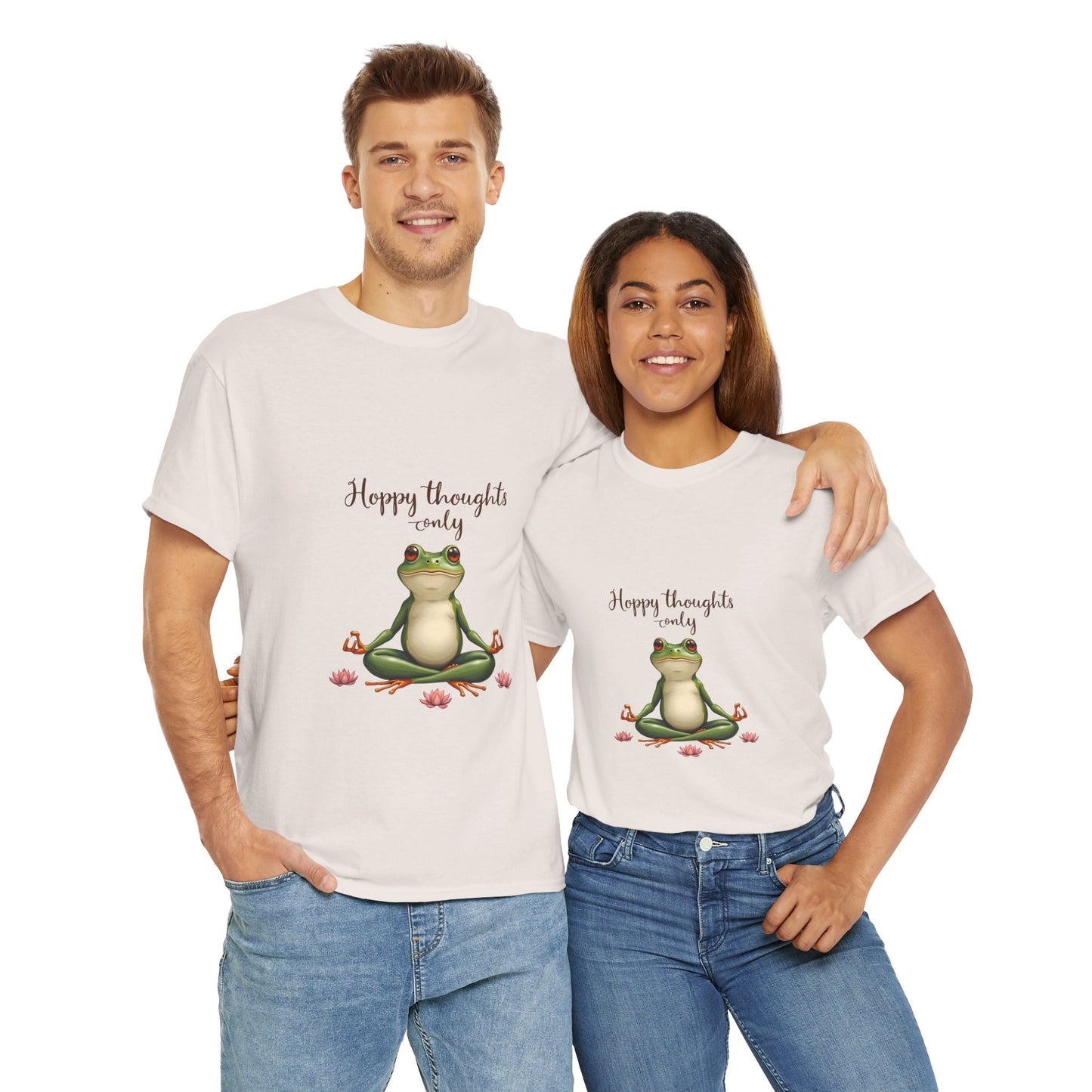 Happy Thoughts Frog Unisex Heavy Cotton Tee, Cute Animal Shirt, Meditation Apparel, Positive Vibes Tee, Gift for Yogis, Relaxed Style Tee