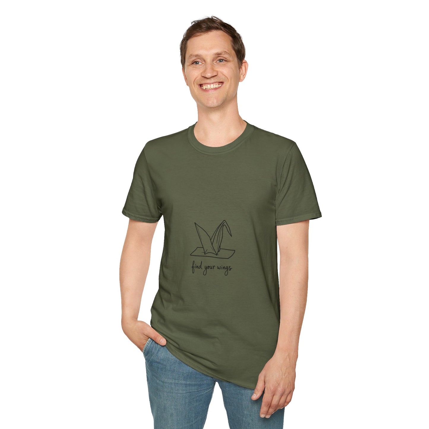Inspirational Origami Crane T-Shirt, Find Your Wings Quote Tee, Unisex Softstyle Shirt, Gift for Her, Motivation Apparel, Casual Wear