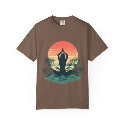 Sunset Yoga T-Shirt, Relaxed Fit Tee for Beach Lovers, Gift for Yoga Enthusiasts, Summer Apparel, Eco-Friendly Fashion