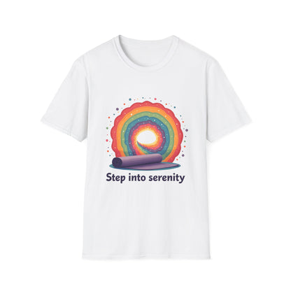 Rainbow Serenity T-Shirt, Relaxation Tee, Yoga Wear, Unisex Softstyle Shirt, Mindfulness Apparel, Gift for Wellness Enthusiasts