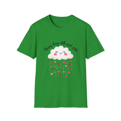 Cute Rainy Day Yoga T-Shirt, Unisex Softstyle Tee, Yoga Lover Gift, Casual Wear, Inspirational Shirt, Heart Design