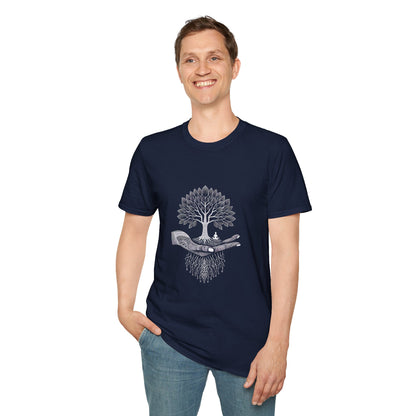 Nature's Embrace Unisex Softstyle T-Shirt - Tree and Hand Design