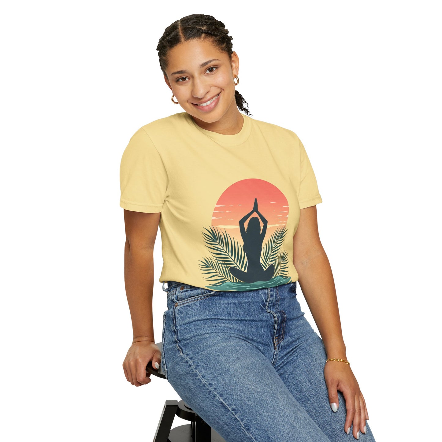 Sunset Yoga T-Shirt, Relaxed Fit Tee for Beach Lovers, Gift for Yoga Enthusiasts, Summer Apparel, Eco-Friendly Fashion