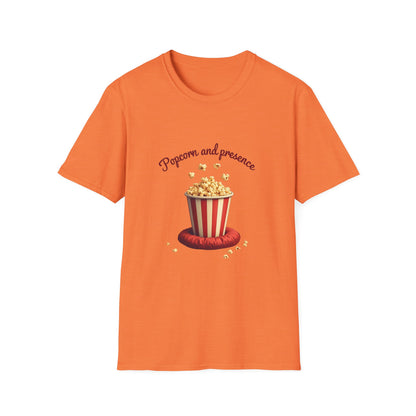 Popcorn and Presence Unisex Softstyle T-Shirt, Movie Night Tee, Gift for Film Lovers, Casual Wear, Fun Party Shirt, Cozy Apparel