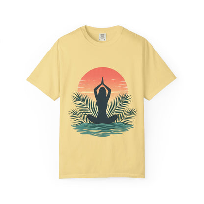 Sunset Yoga T-Shirt, Relaxed Fit Tee for Beach Lovers, Gift for Yoga Enthusiasts, Summer Apparel, Eco-Friendly Fashion