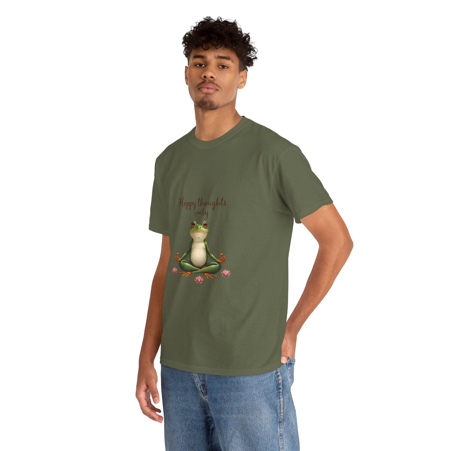 Happy Thoughts Frog Unisex Heavy Cotton Tee, Cute Animal Shirt, Meditation Apparel, Positive Vibes Tee, Gift for Yogis, Relaxed Style Tee