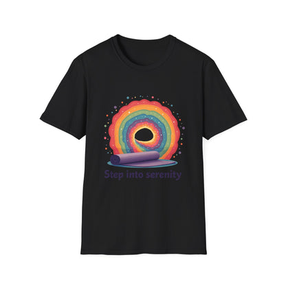 Rainbow Serenity T-Shirt, Relaxation Tee, Yoga Wear, Unisex Softstyle Shirt, Mindfulness Apparel, Gift for Wellness Enthusiasts