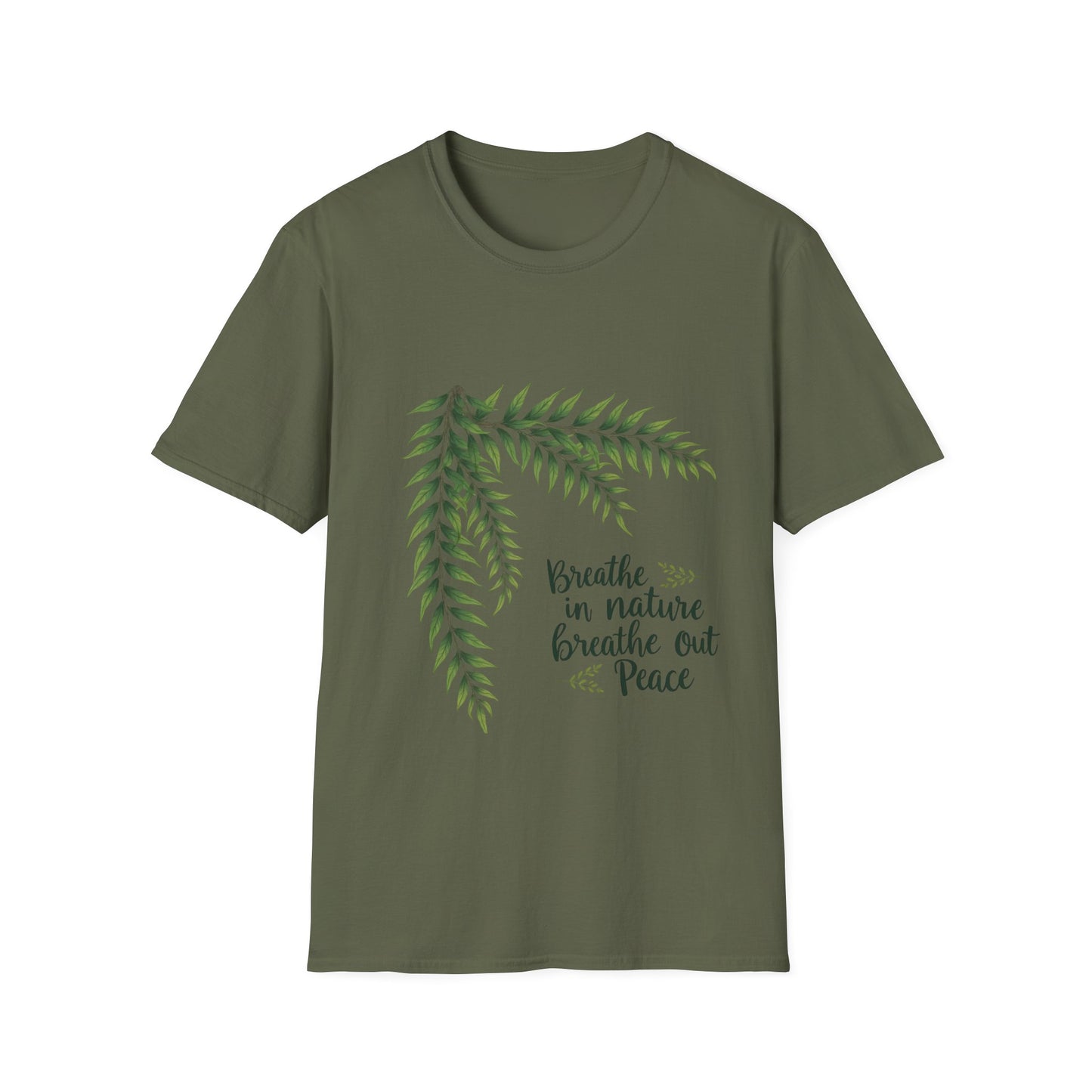 Breathe in Nature Unisex Softstyle T-Shirt - Peaceful Green Leaf Design