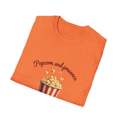 Popcorn and Presence Unisex Softstyle T-Shirt, Movie Night Tee, Gift for Film Lovers, Casual Wear, Fun Party Shirt, Cozy Apparel