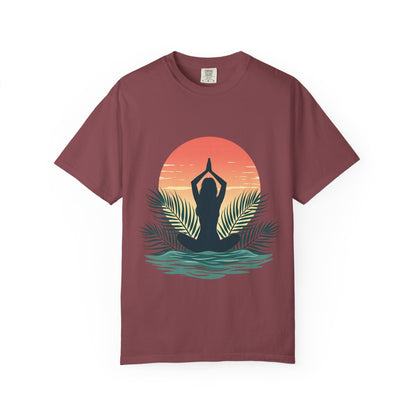 Sunset Yoga T-Shirt, Relaxed Fit Tee for Beach Lovers, Gift for Yoga Enthusiasts, Summer Apparel, Eco-Friendly Fashion