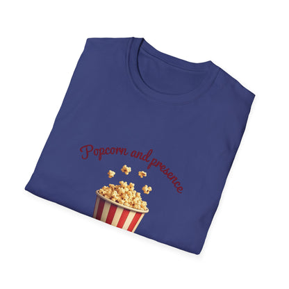 Popcorn and Presence Unisex Softstyle T-Shirt, Movie Night Tee, Gift for Film Lovers, Casual Wear, Fun Party Shirt, Cozy Apparel