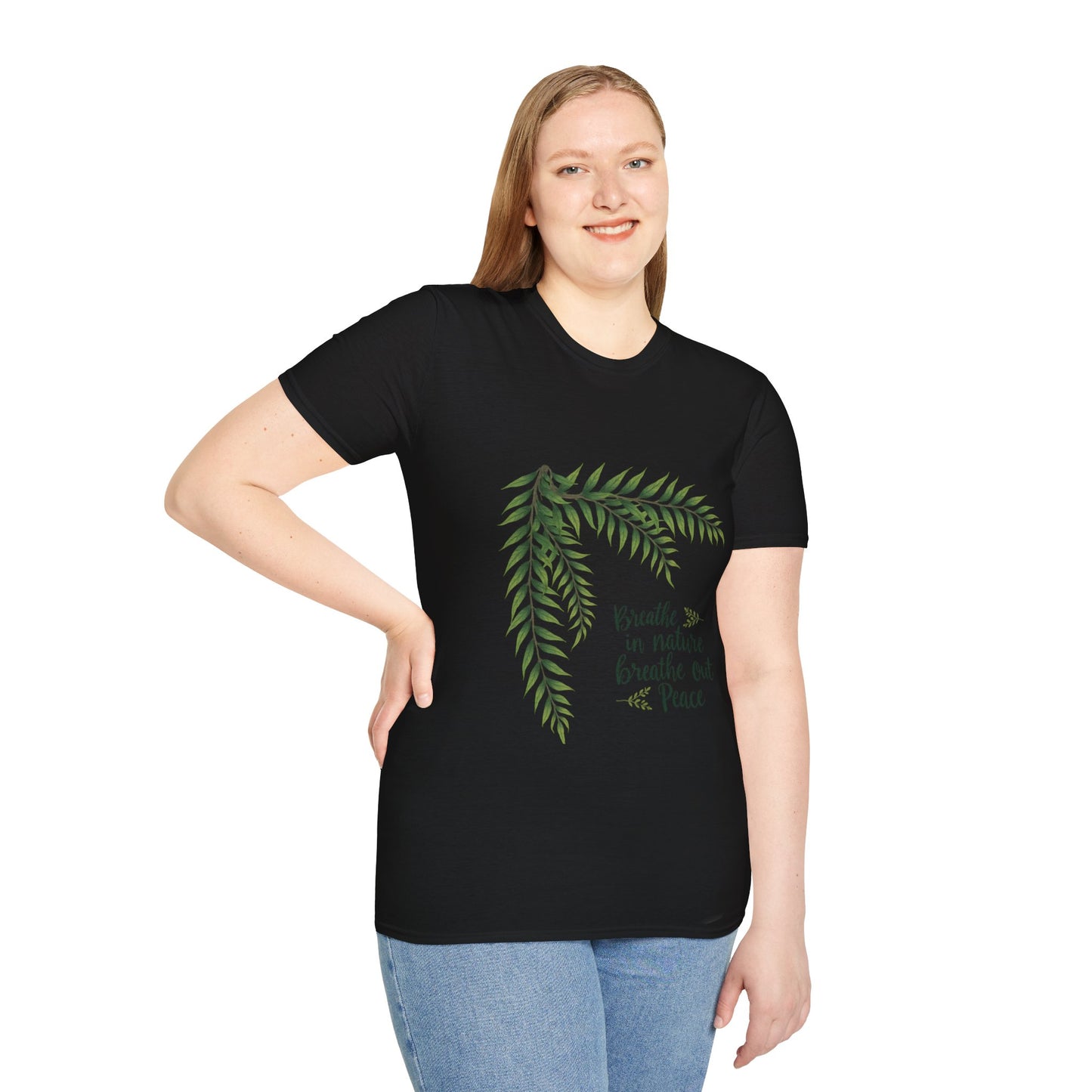 Breathe in Nature Unisex Softstyle T-Shirt - Peaceful Green Leaf Design